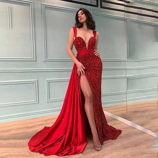 women's Sequin tassel Slim bodycon off the shoulder red sexy satin evening dress