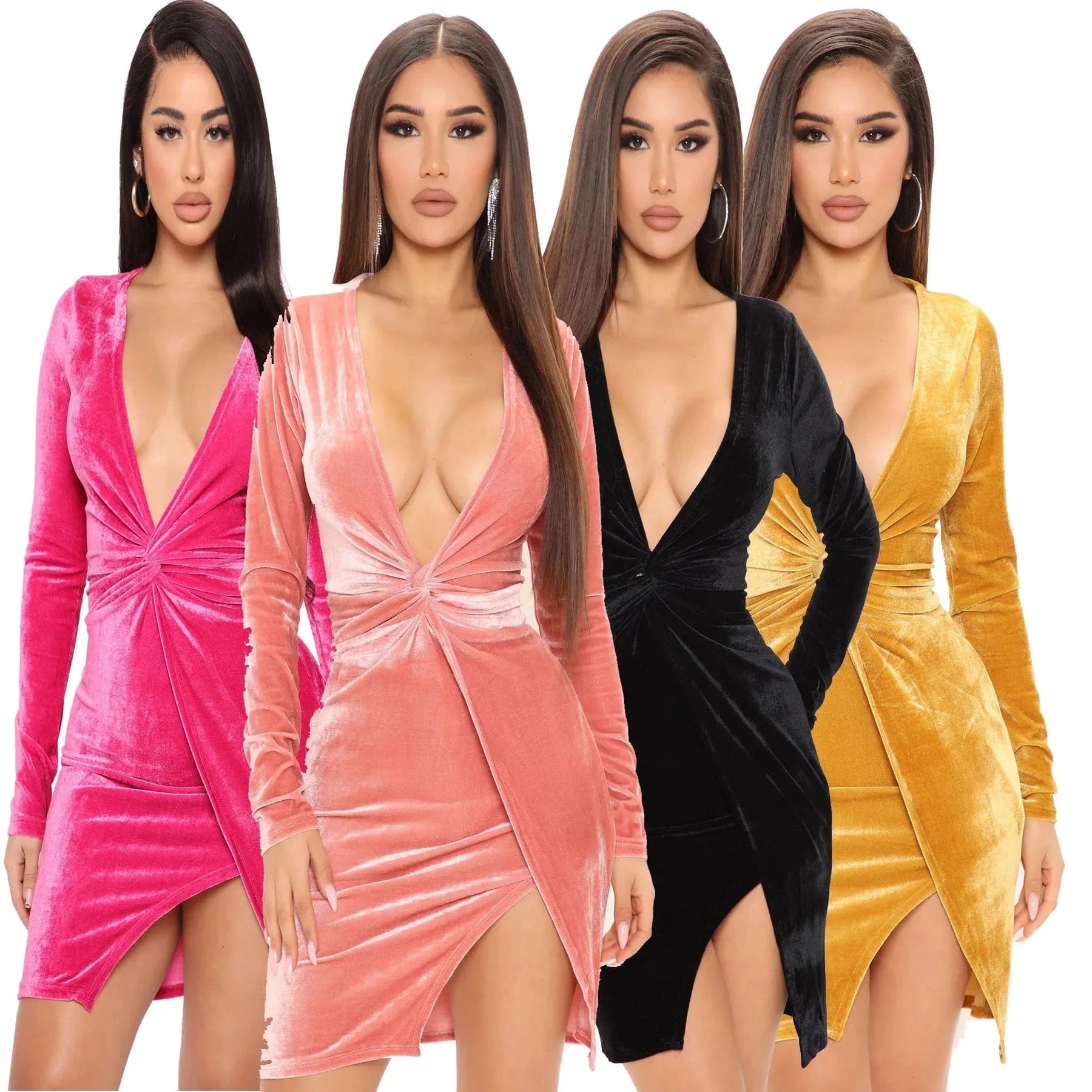 Women's sexy deep V neck long sleeve pleated waist split hem velvet black elegant sexy party mini dress