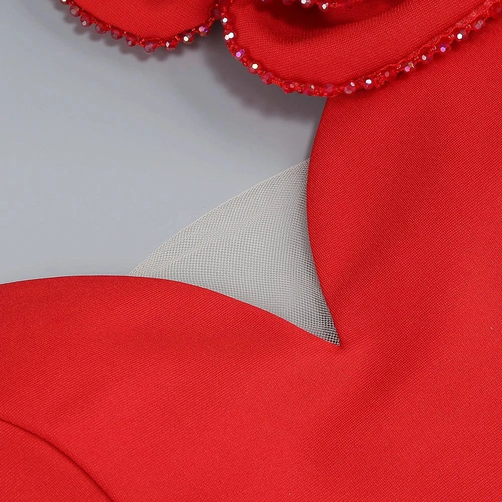 Women's Sexy Glamorous Red One Shoulder Ankle-Length Dress with Large Flower Luxurious Temperament Evening Party Dress