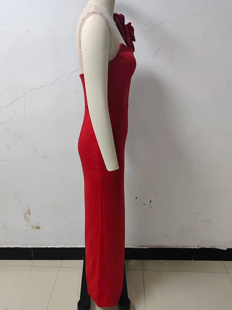 Women's Sexy Glamorous Red One Shoulder Ankle-Length Dress with Large Flower Luxurious Temperament Evening Party Dress