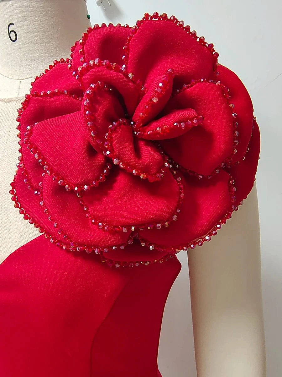 Women's Sexy Glamorous Red One Shoulder Ankle-Length Dress with Large Flower Luxurious Temperament Evening Party Dress