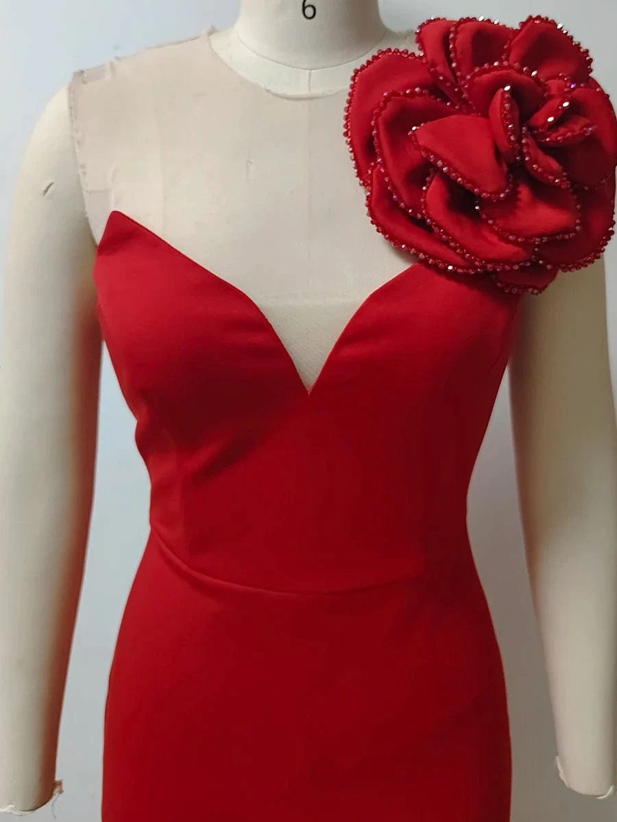 Women's Sexy Glamorous Red One Shoulder Ankle-Length Dress with Large Flower Luxurious Temperament Evening Party Dress