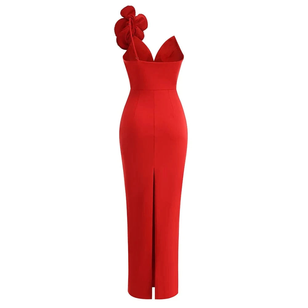 Women's Sexy Glamorous Red One Shoulder Ankle-Length Dress with Large Flower Luxurious Temperament Evening Party Dress