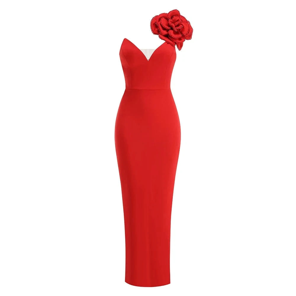 Women's Sexy Glamorous Red One Shoulder Ankle-Length Dress with Large Flower Luxurious Temperament Evening Party Dress