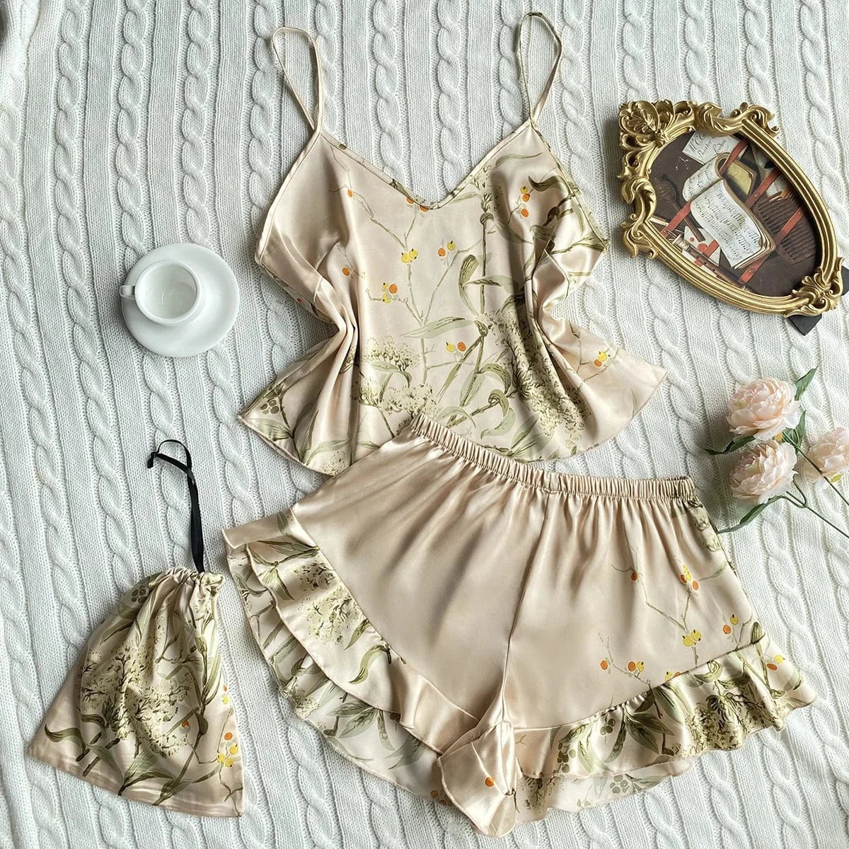 Women's Sexy Luxury Silk Satin Loungewear Camisole Sleepwear Pajamas Sets 2 Pieces Nightwear Home Suit Pajama 2024