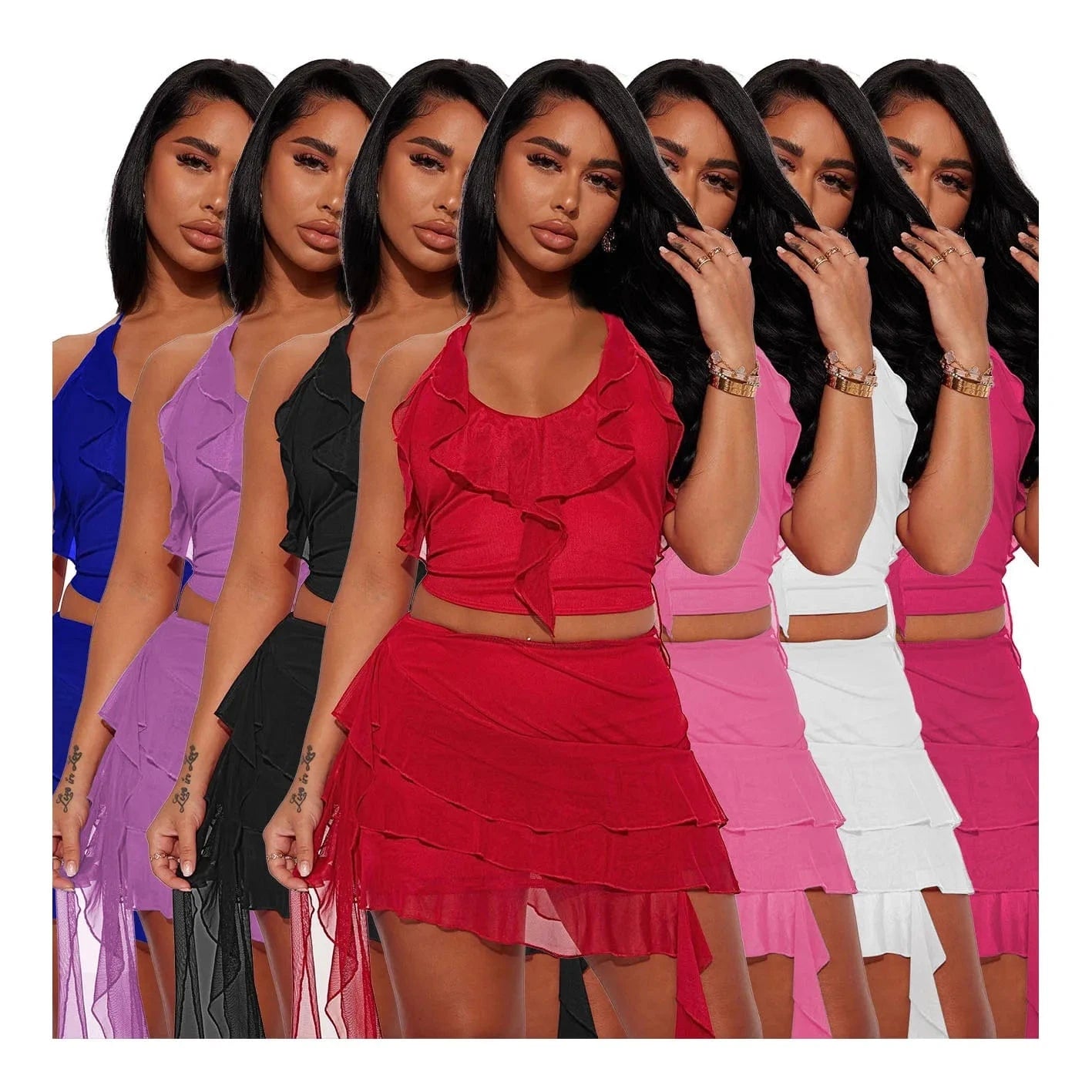 Women's sexy two pieces set Halter crop tops and bodycon mini dress