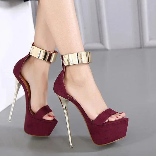 Women's Shoes 2023 Summer Fashion Sexy British Style PU Retro Metal Platform Sandalias Head Peep Toe Thin High Heels
