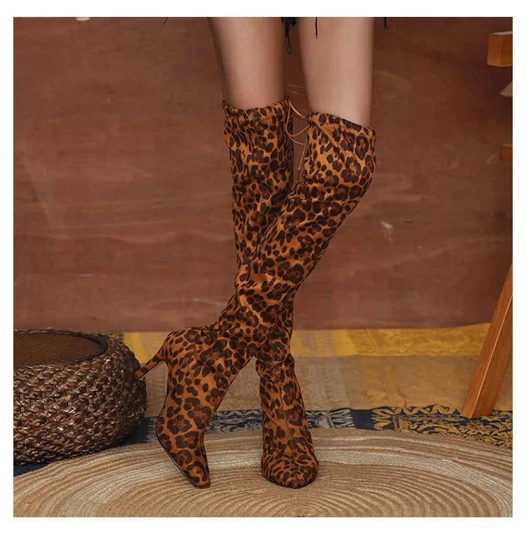 Women's shoes autumn high-heeled women's boots leopard print large size wrapped legs were thin elastic boots
