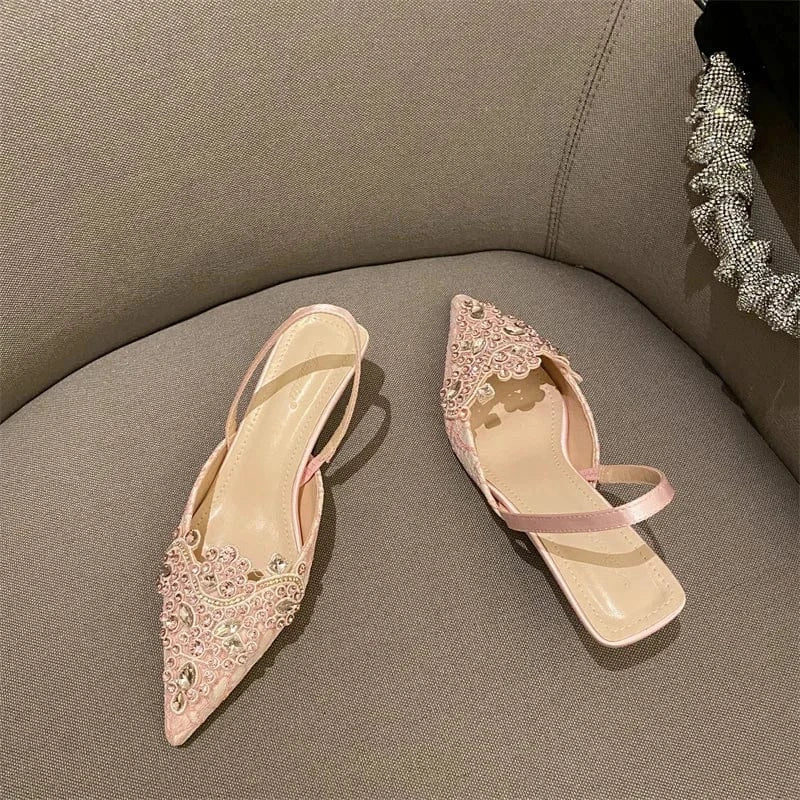Women's shoes factory rhinestone crown flower head mid-heel stiletto women's single shoes women's slippers
