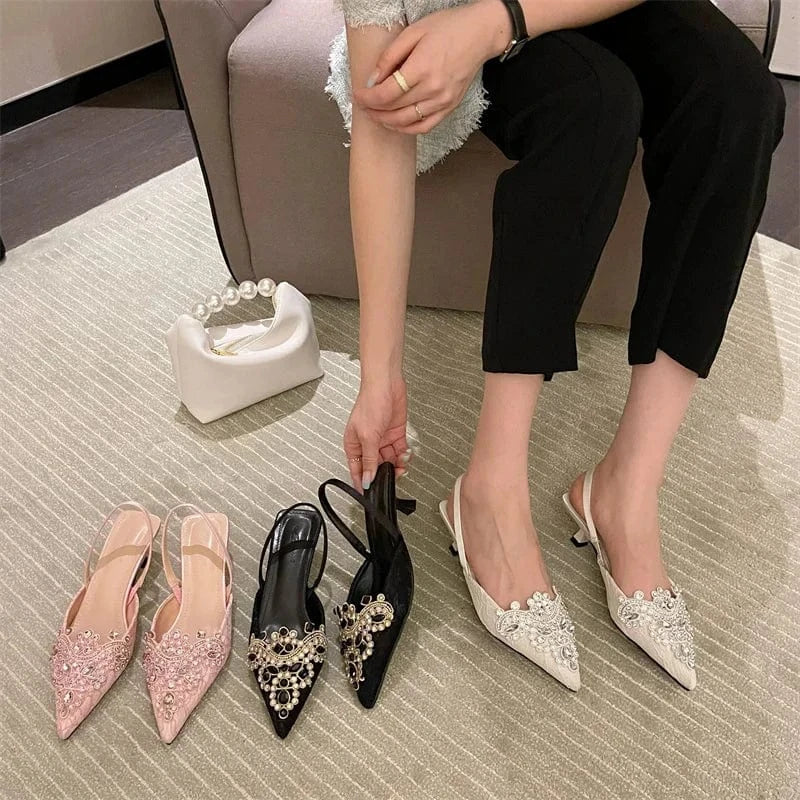 Women's shoes factory rhinestone crown flower head mid-heel stiletto women's single shoes women's slippers