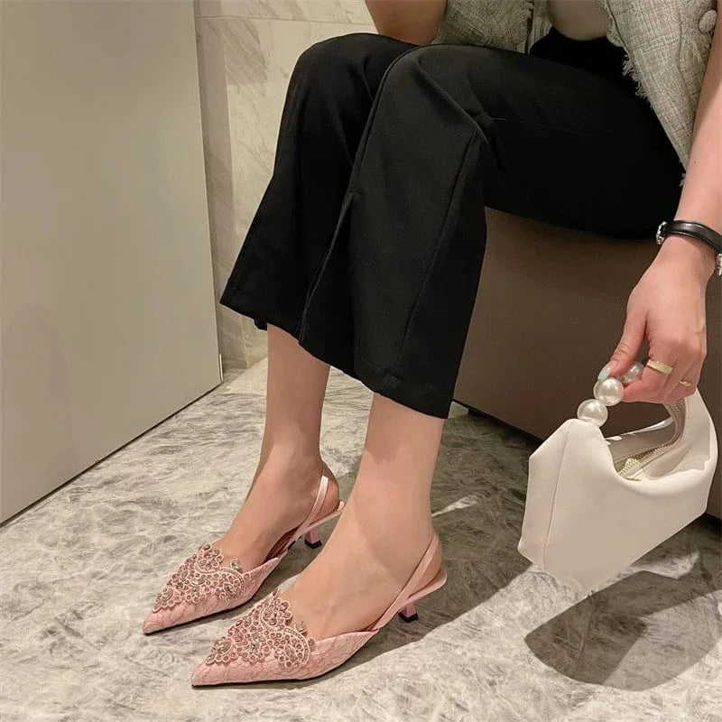 Women's shoes factory rhinestone crown flower head mid-heel stiletto women's single shoes women's slippers