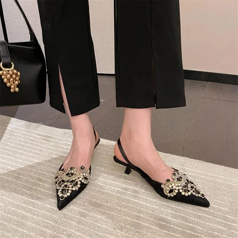 Women's shoes factory rhinestone crown flower head mid-heel stiletto women's single shoes women's slippers