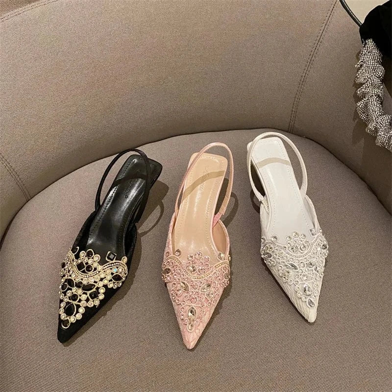 Women's shoes factory rhinestone crown flower head mid-heel stiletto women's single shoes women's slippers