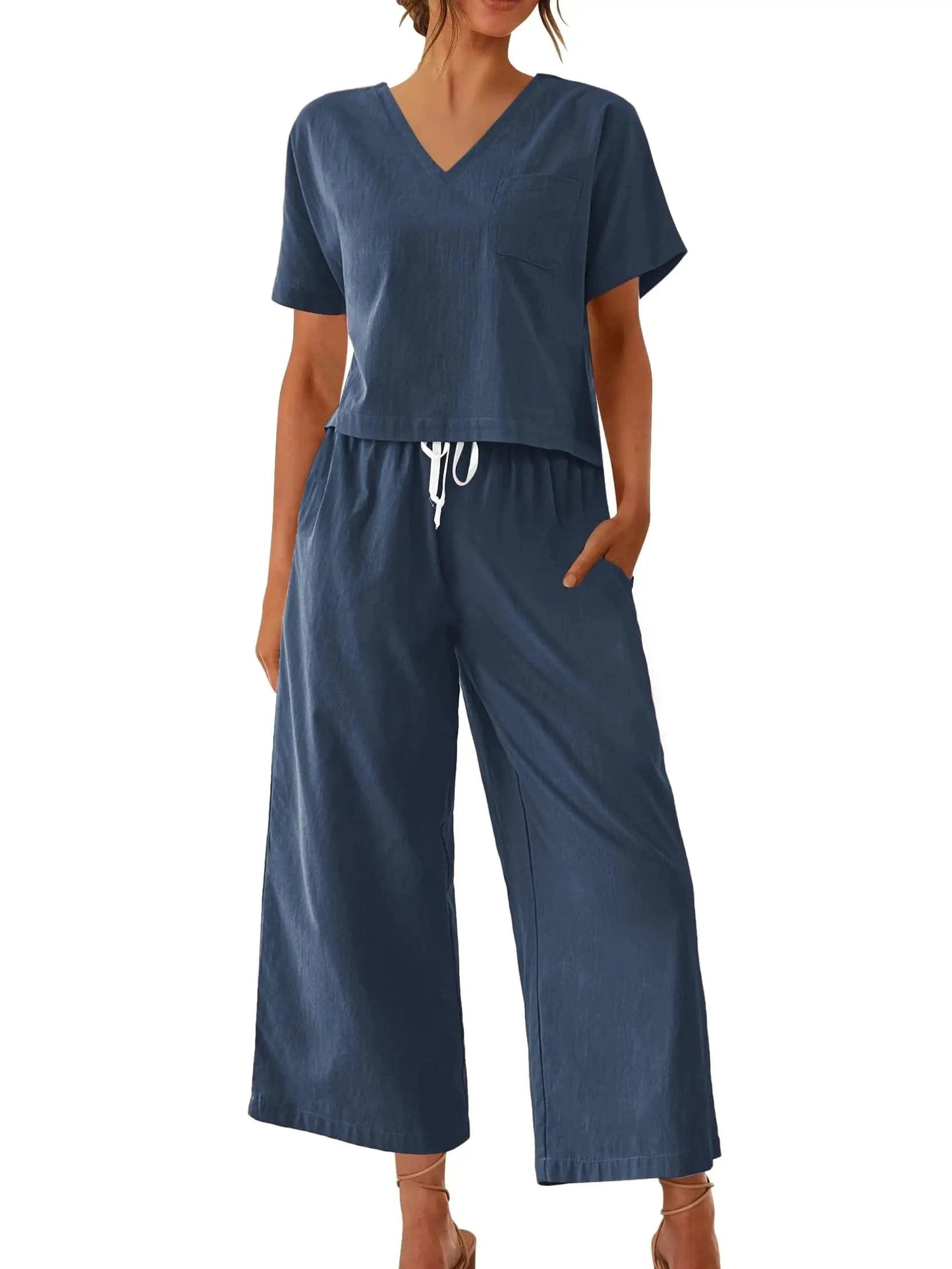 Women's Sleepwear 100% Cotton Linen Lounge Set Short Sleeve Top Pajamas Wide Leg Pants Loungewear Outfits Pocket S-XXL Plus Size