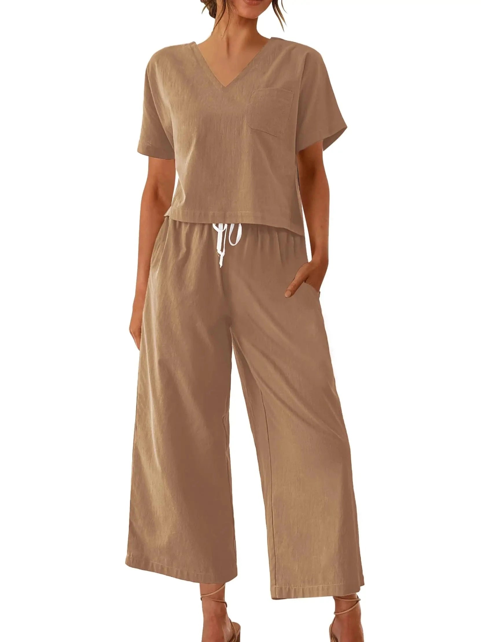 Women's Sleepwear 100% Cotton Linen Lounge Set Short Sleeve Top Pajamas Wide Leg Pants Loungewear Outfits Pocket S-XXL Plus Size