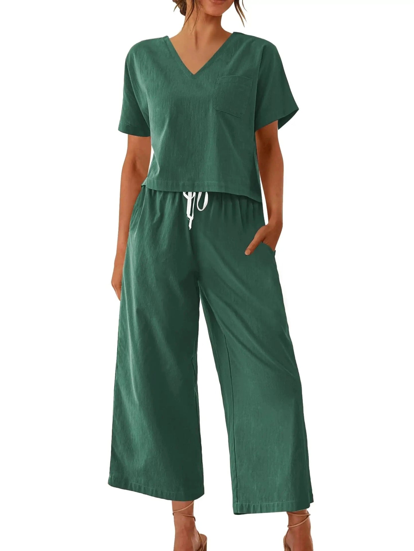 Women's Sleepwear 100% Cotton Linen Lounge Set Short Sleeve Top Pajamas Wide Leg Pants Loungewear Outfits Pocket S-XXL Plus Size