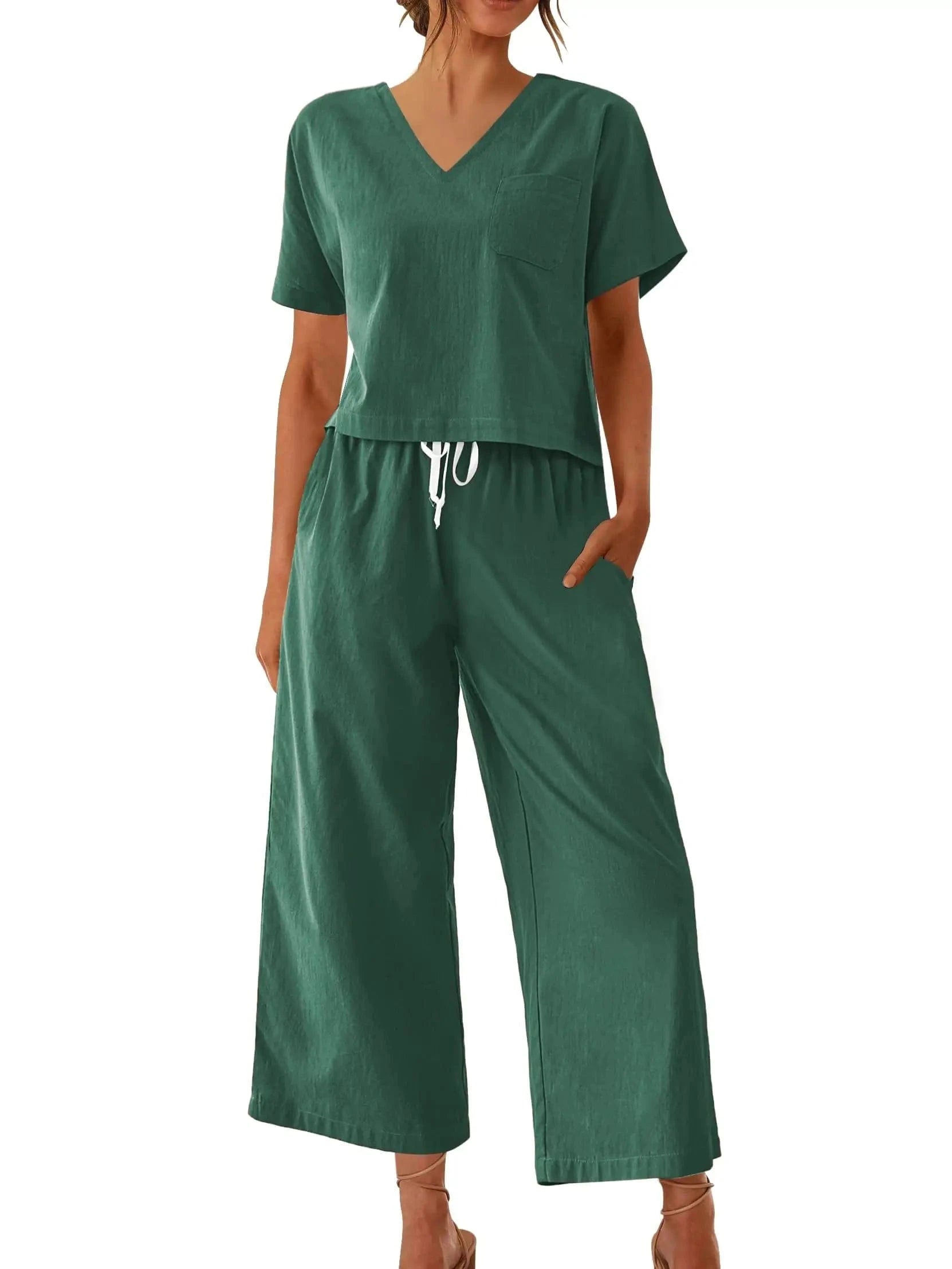 Women's Sleepwear 100% Cotton Linen Lounge Set Short Sleeve Top Pajamas Wide Leg Pants Loungewear Outfits Pocket S-XXL Plus Size