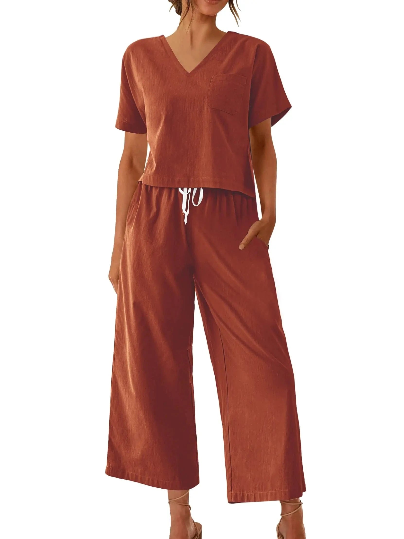 Women's Sleepwear 100% Cotton Linen Lounge Set Short Sleeve Top Pajamas Wide Leg Pants Loungewear Outfits Pocket S-XXL Plus Size