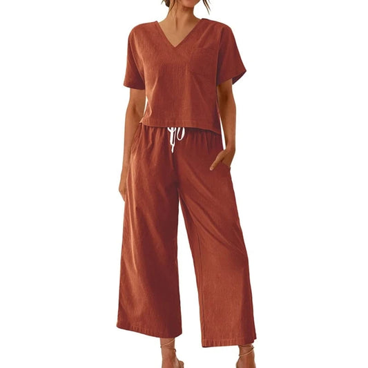 Women's Sleepwear 100% Cotton Linen Lounge Set Short Sleeve Top Pajamas Wide Leg Pants Loungewear Outfits Pocket S-XXL Plus Size
