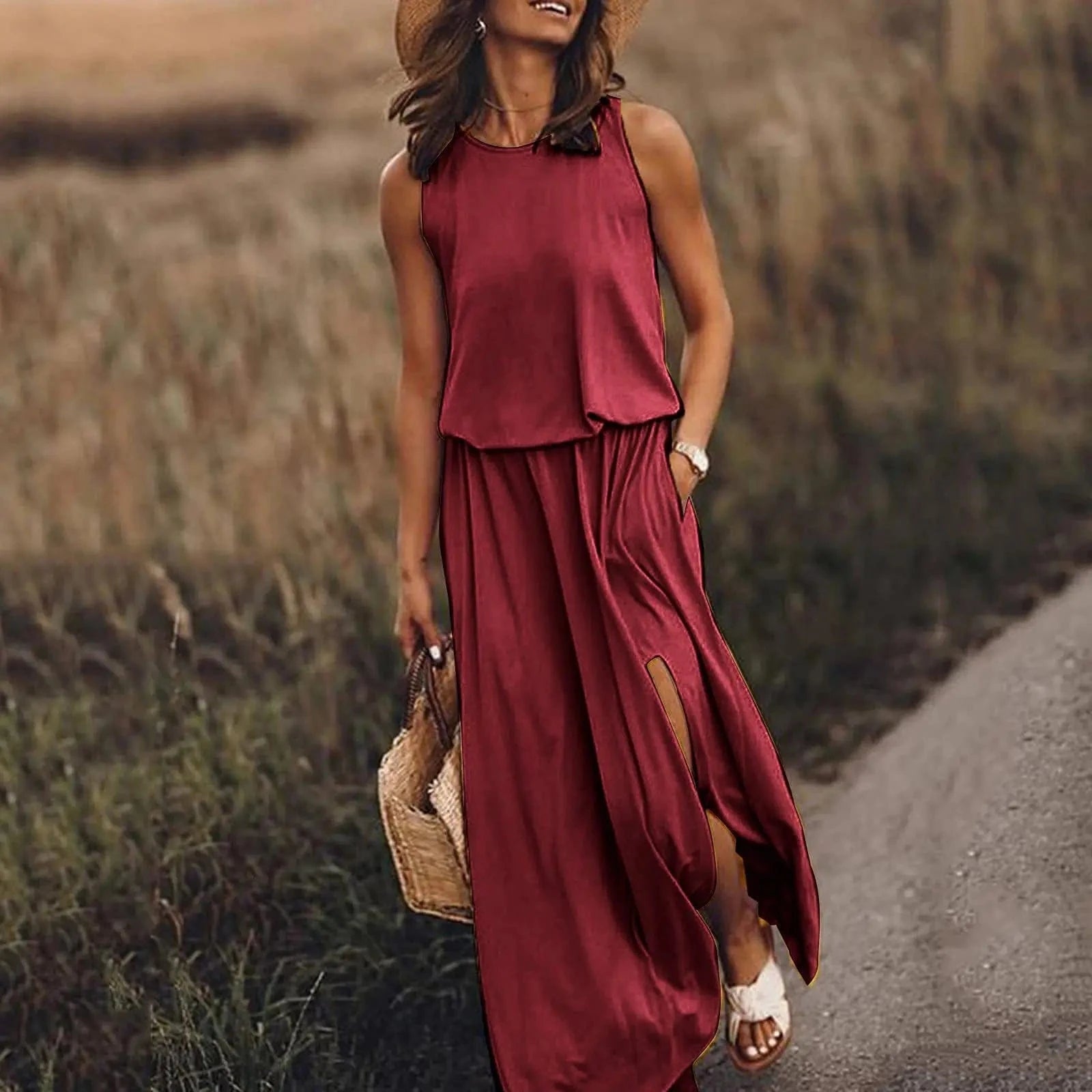 Women's Sleeveless Dress Round Neck Split Solid Color Leisure Long Dress Summer Loose Plus Size Casual Ladies Maxi Dress