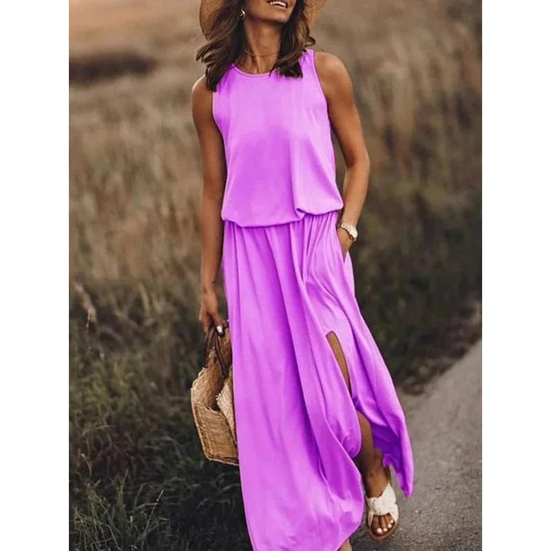 Women's Sleeveless Dress Round Neck Split Solid Color Leisure Long Dress Summer Loose Plus Size Casual Ladies Maxi Dress