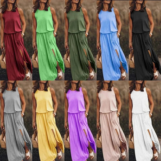 Women's Sleeveless Dress Round Neck Split Solid Color Leisure Long Dress Summer Loose Plus Size Casual Ladies Maxi Dress