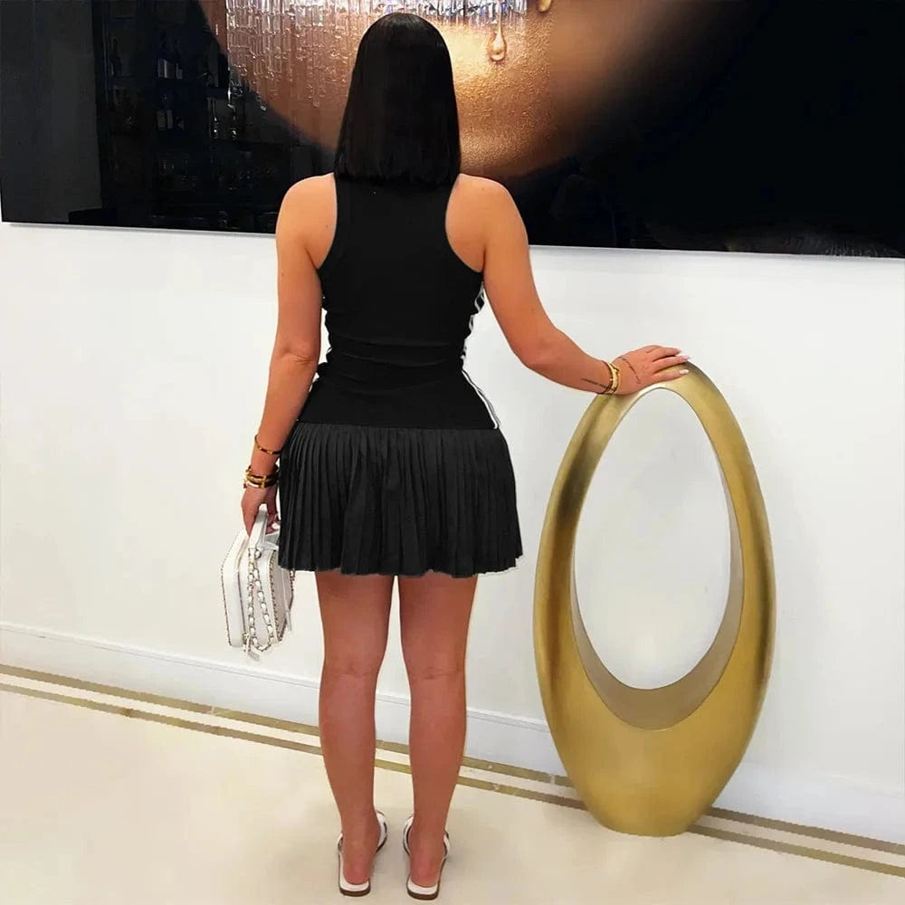 Women's Sleeveless Side Striped Stretch Pleated Mini Dress for 2025 Summer Sexy Casual Short Dresses Sports Streetwear Clothing