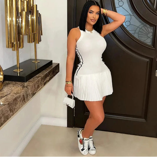 Women's Sleeveless Side Striped Stretch Pleated Mini Dress for 2025 Summer Sexy Casual Short Dresses Sports Streetwear Clothing