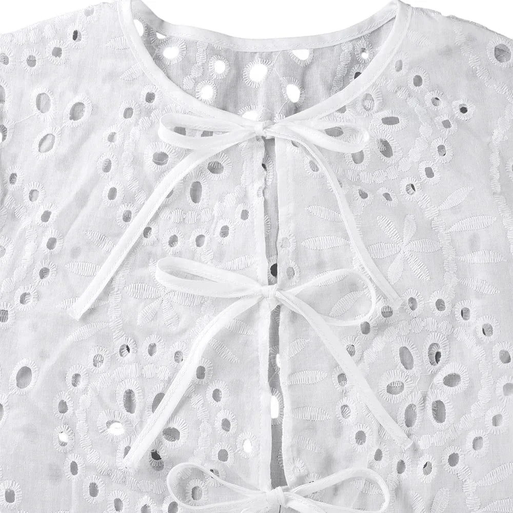 Women's Solid Boho Hollow Out Lace Up Lantern Sleeve Ruffle Blouse Autumn Ladies Casual Loose Holiday Vacation Tops Size S-2XL