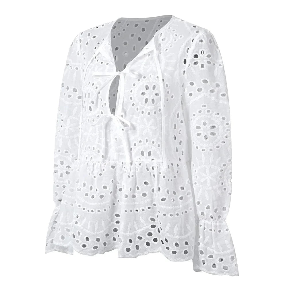 Women's Solid Boho Hollow Out Lace Up Lantern Sleeve Ruffle Blouse Autumn Ladies Casual Loose Holiday Vacation Tops Size S-2XL