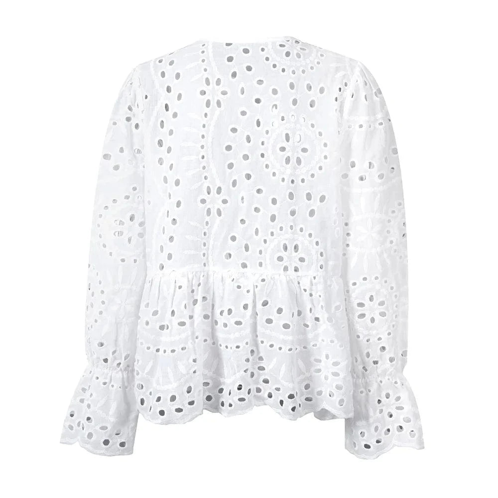 Women's Solid Boho Hollow Out Lace Up Lantern Sleeve Ruffle Blouse Autumn Ladies Casual Loose Holiday Vacation Tops Size S-2XL