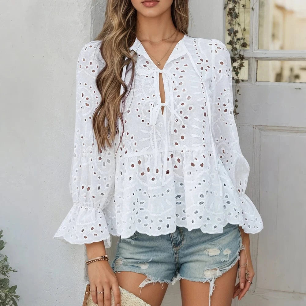 Women's Solid Boho Hollow Out Lace Up Lantern Sleeve Ruffle Blouse Autumn Ladies Casual Loose Holiday Vacation Tops Size S-2XL