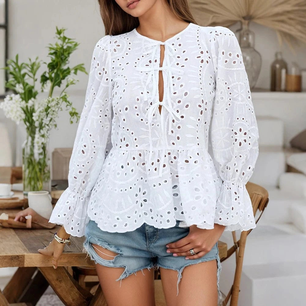 Women's Solid Boho Hollow Out Lace Up Lantern Sleeve Ruffle Blouse Autumn Ladies Casual Loose Holiday Vacation Tops Size S-2XL