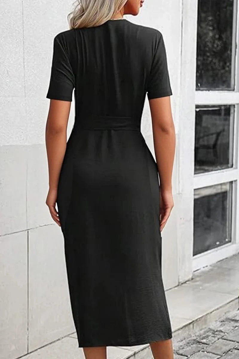 Women's Solid Color Collar Waist Belted Dress Short Sleeve Midi Dress for Party