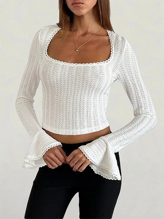 Women's Solid Color T-Shirts Autumn Textured Picot Trim Scoop Neck Long Bell Sleeves Slim Fit Crop Tops Female Casual Pullovers