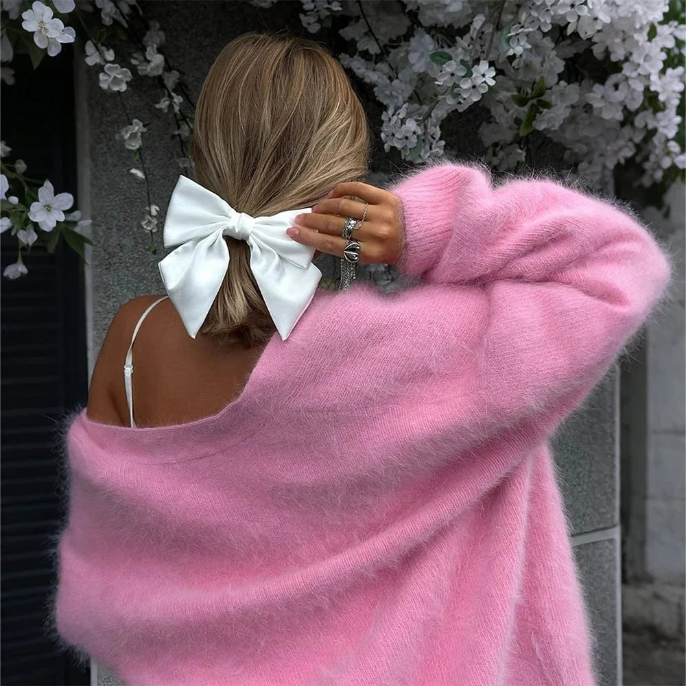 Women's Solid Fluffy V-Neck Long Sleeve Cardigan Sweater Cover Up Tops Autumn Winter Ladies Thick Softy Casual Loose Blouse S-L