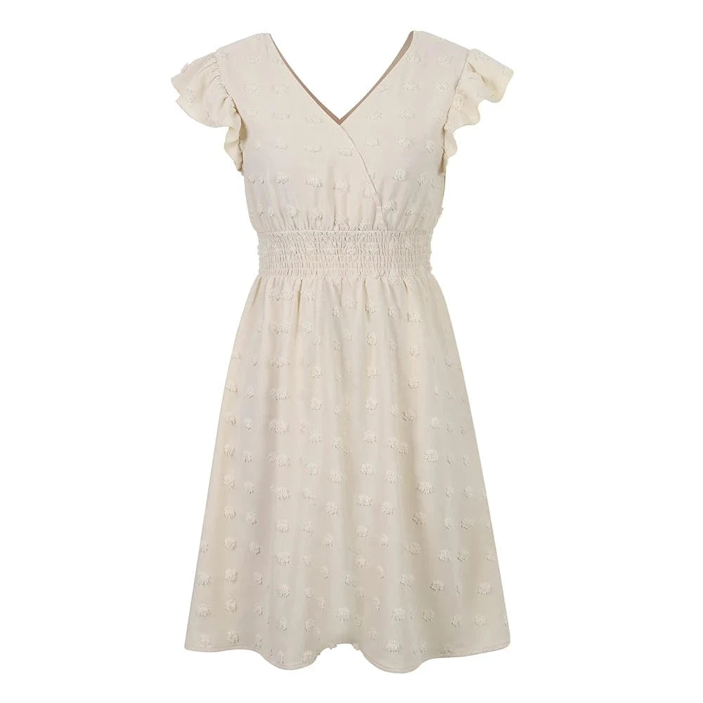 Women's Solid Flying Sleeve V-Neck Skater Mini Dress Summer Ladies Beach Holiday Vacation Picnic Chic Sundress Size S-2XL