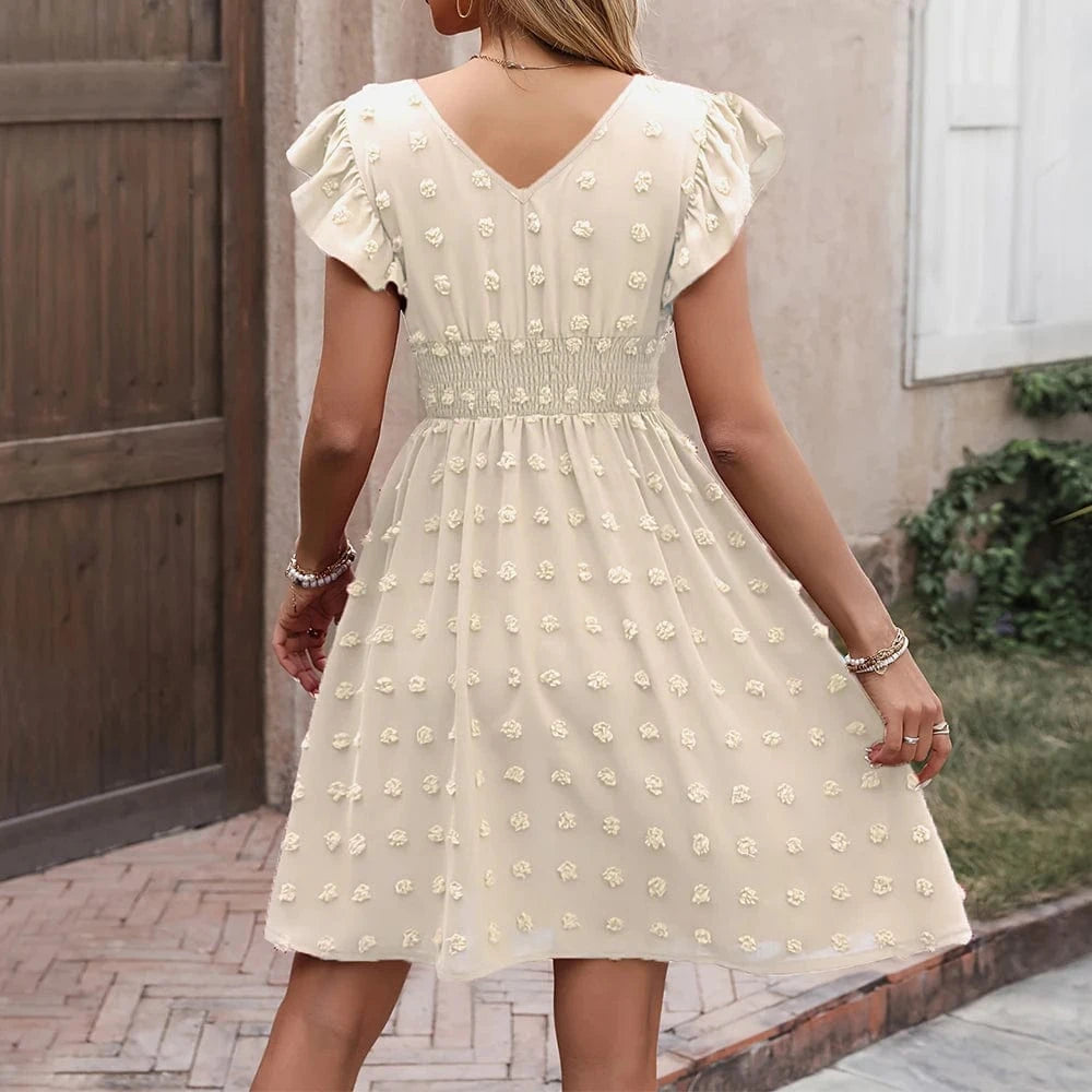 Women's Solid Flying Sleeve V-Neck Skater Mini Dress Summer Ladies Beach Holiday Vacation Picnic Chic Sundress Size S-2XL