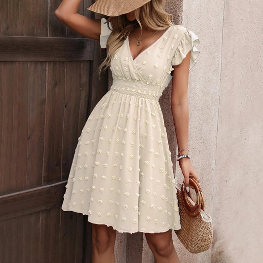 Women's Solid Flying Sleeve V-Neck Skater Mini Dress Summer Ladies Beach Holiday Vacation Picnic Chic Sundress Size S-2XL