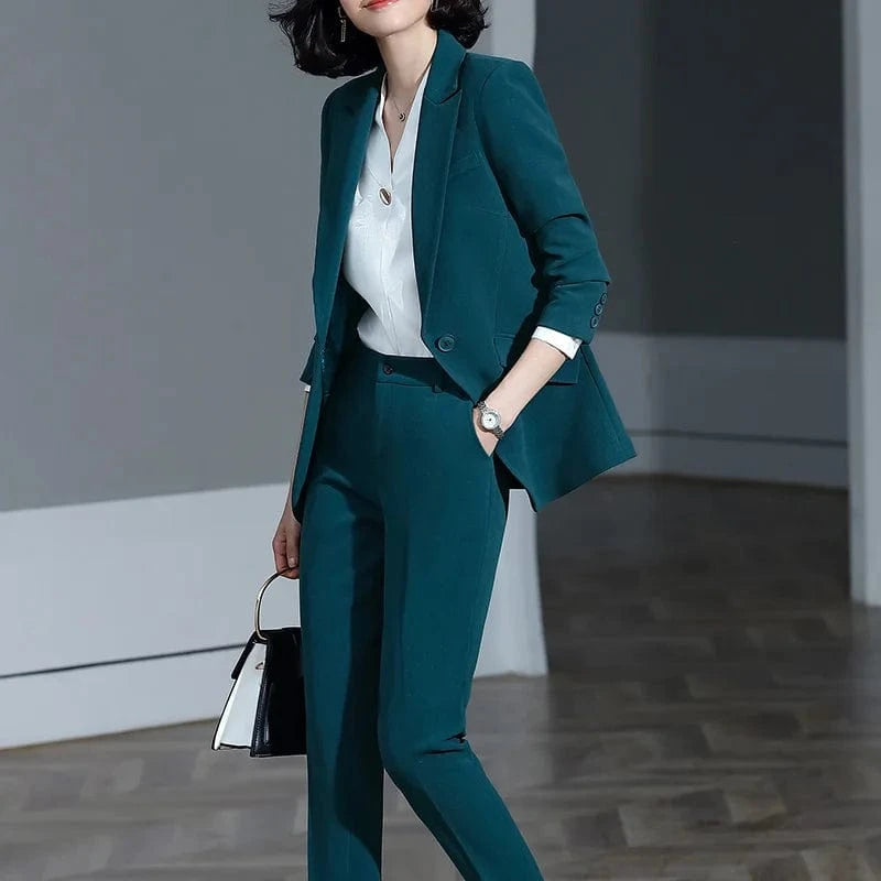 Women's Solid Green Ankle-Length Blazer and Pant Suit Single Button 2 Piece Work Wear Office Lady Style Wholesale Dropship
