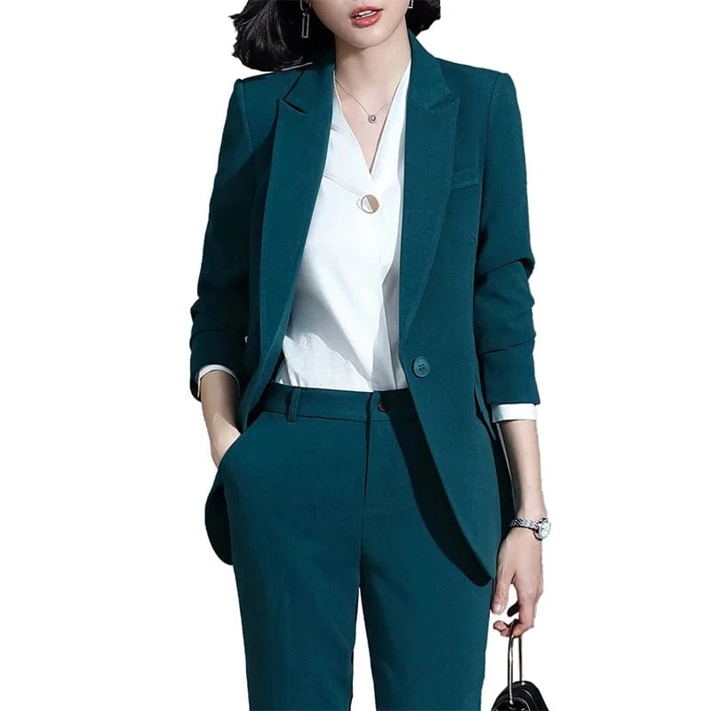 Women's Solid Green Ankle-Length Blazer and Pant Suit Single Button 2 Piece Work Wear Office Lady Style Wholesale Dropship