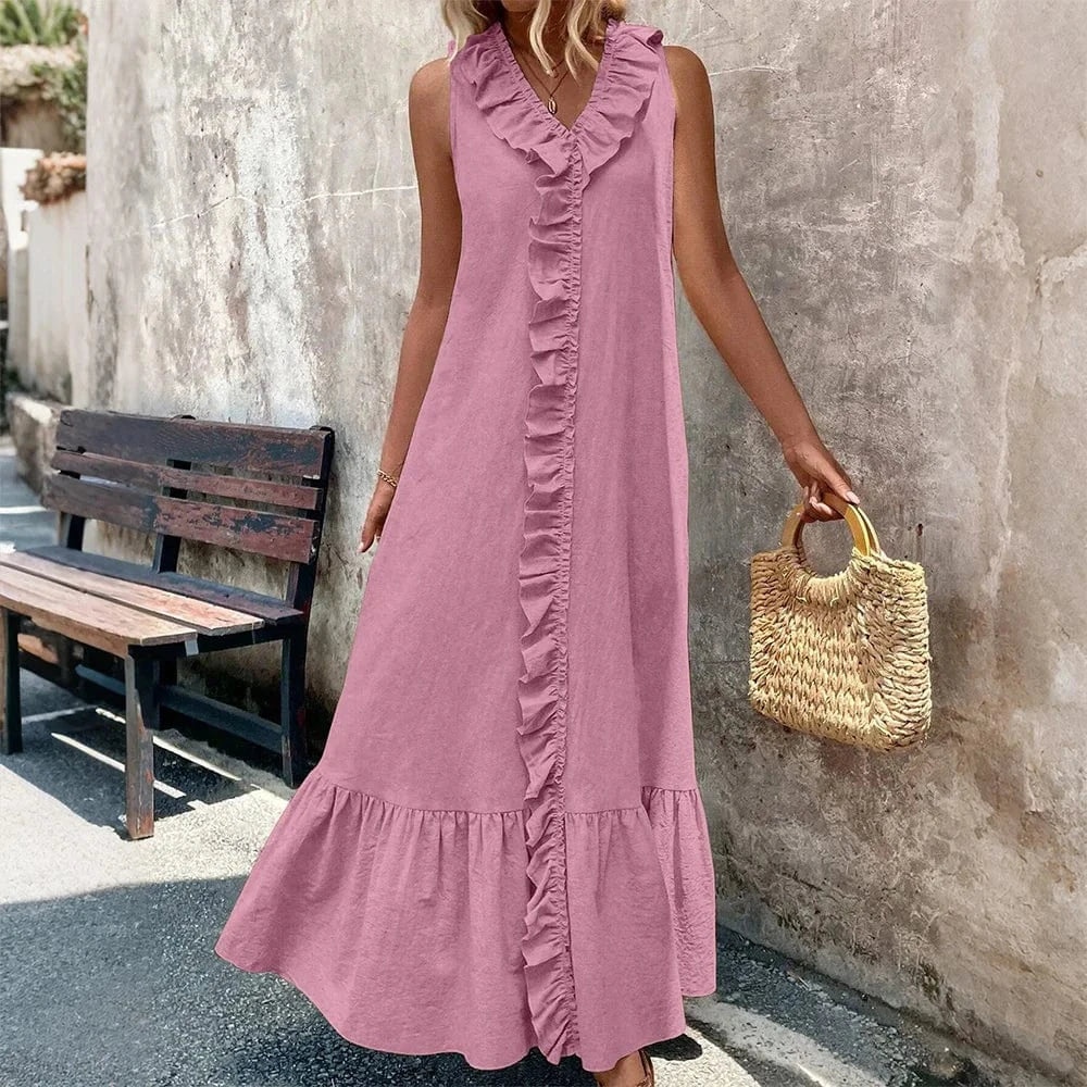 Women's Solid Sleeveless V-Neck Ruffle A-Line Maxi Dress Summer Ladies Casual Loose Beach Holiday Vacation Sundress Size S-2XL