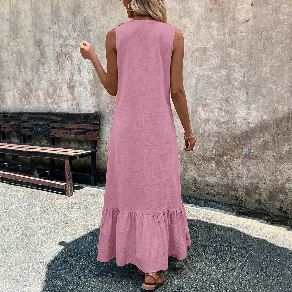 Women's Solid Sleeveless V-Neck Ruffle A-Line Maxi Dress Summer Ladies Casual Loose Beach Holiday Vacation Sundress Size S-2XL