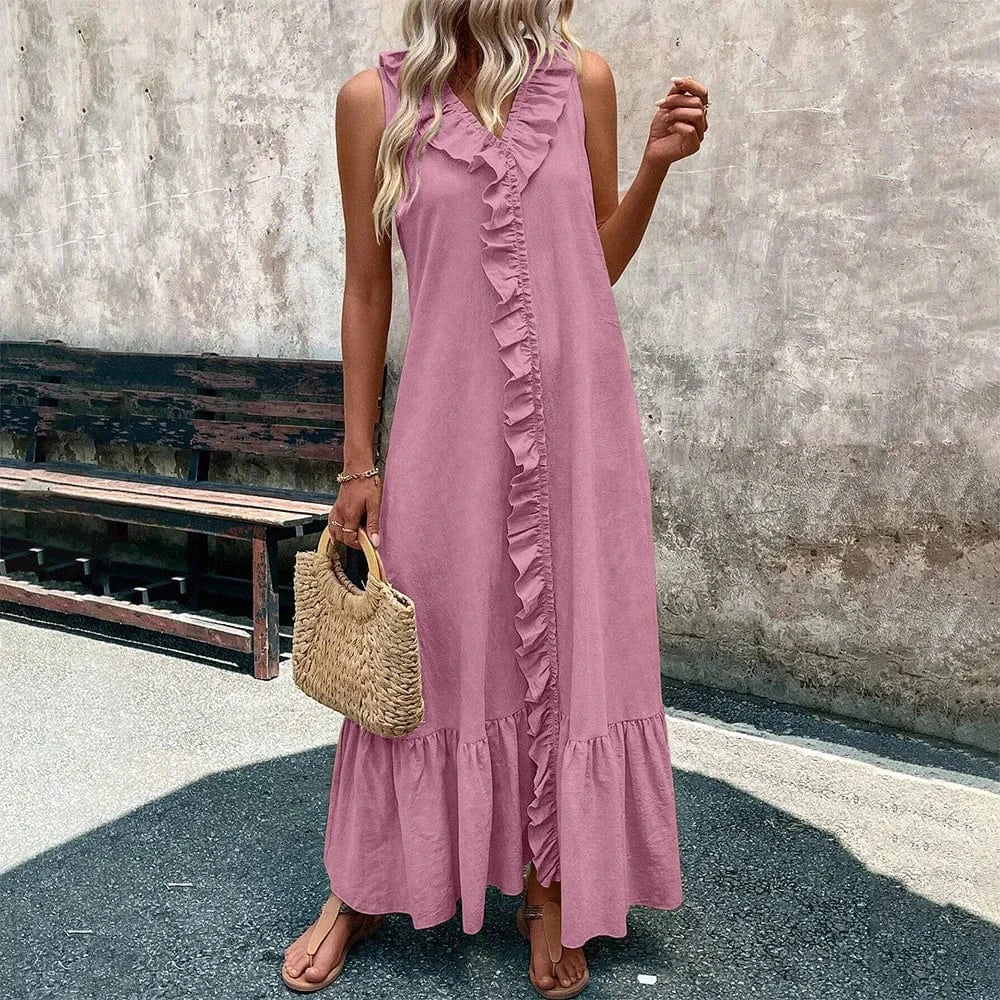 Women's Solid Sleeveless V-Neck Ruffle A-Line Maxi Dress Summer Ladies Casual Loose Beach Holiday Vacation Sundress Size S-2XL