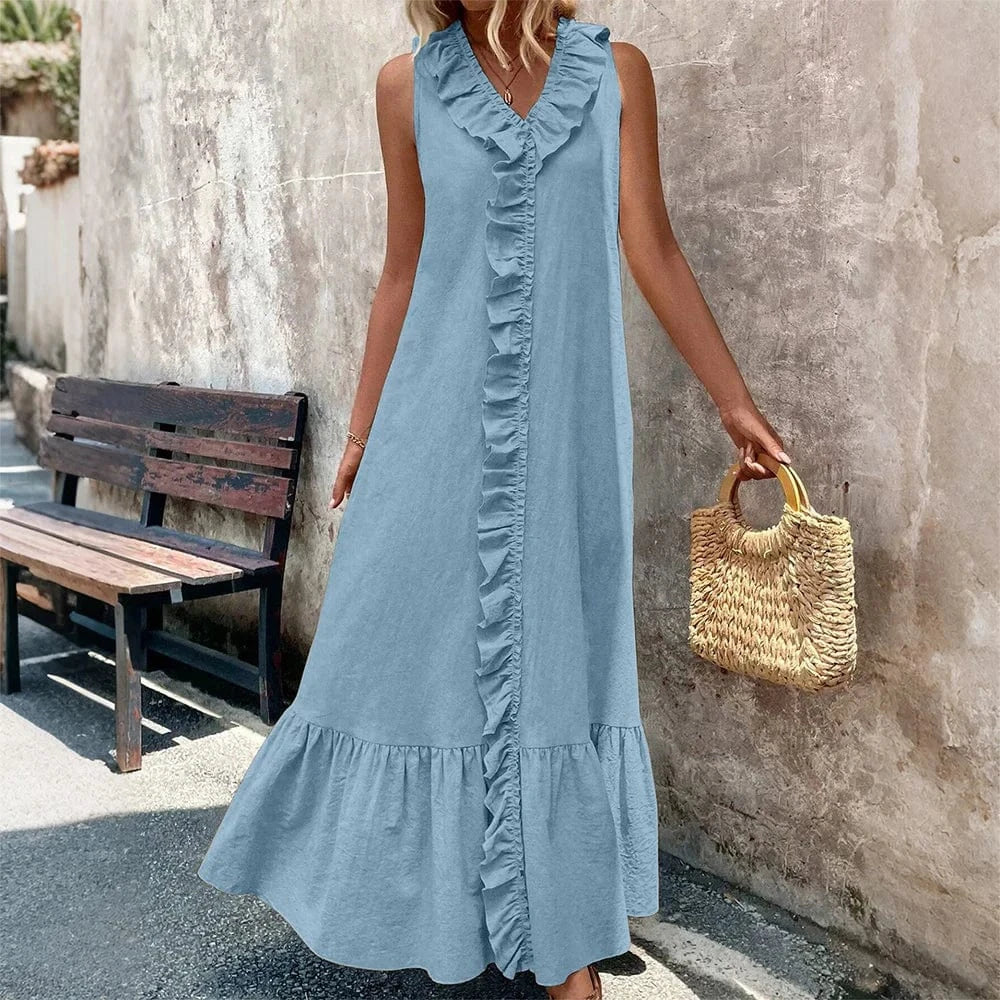 Women's Solid Sleeveless V-Neck Ruffle A-Line Maxi Dress Summer Ladies Casual Loose Beach Holiday Vacation Sundress Size S-2XL