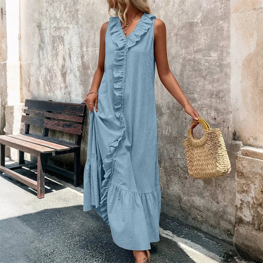 Women's Solid Sleeveless V-Neck Ruffle A-Line Maxi Dress Summer Ladies Casual Loose Beach Holiday Vacation Sundress Size S-2XL