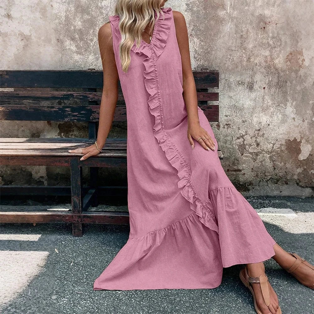 Women's Solid Sleeveless V-Neck Ruffle A-Line Maxi Dress Summer Ladies Casual Loose Beach Holiday Vacation Sundress Size S-2XL