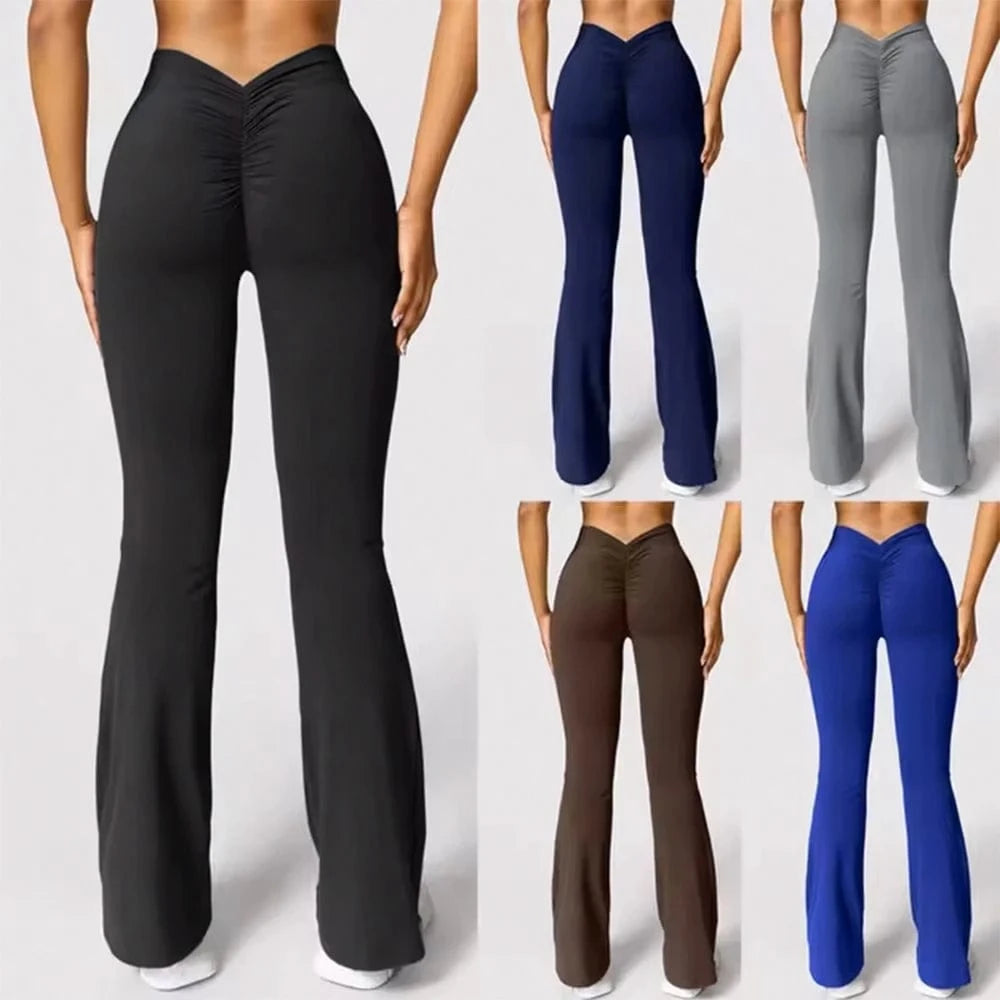 Women's Sports Yoga Pants Pleated Flared Pants  V-Back Butt-Lifting Wide Leg High Waist 31.5 Inches Fitness Sports Yoga Pants