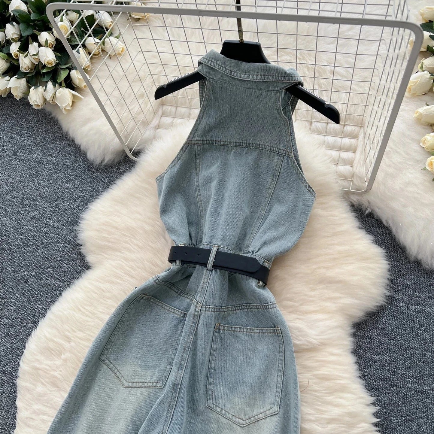 Women'S Summer Fashion Lapel Single-Breasted Waisted Denim Wide Leg Casual Jumpsuit