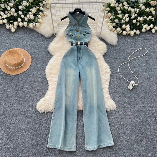 Women'S Summer Fashion Lapel Single-Breasted Waisted Denim Wide Leg Casual Jumpsuit